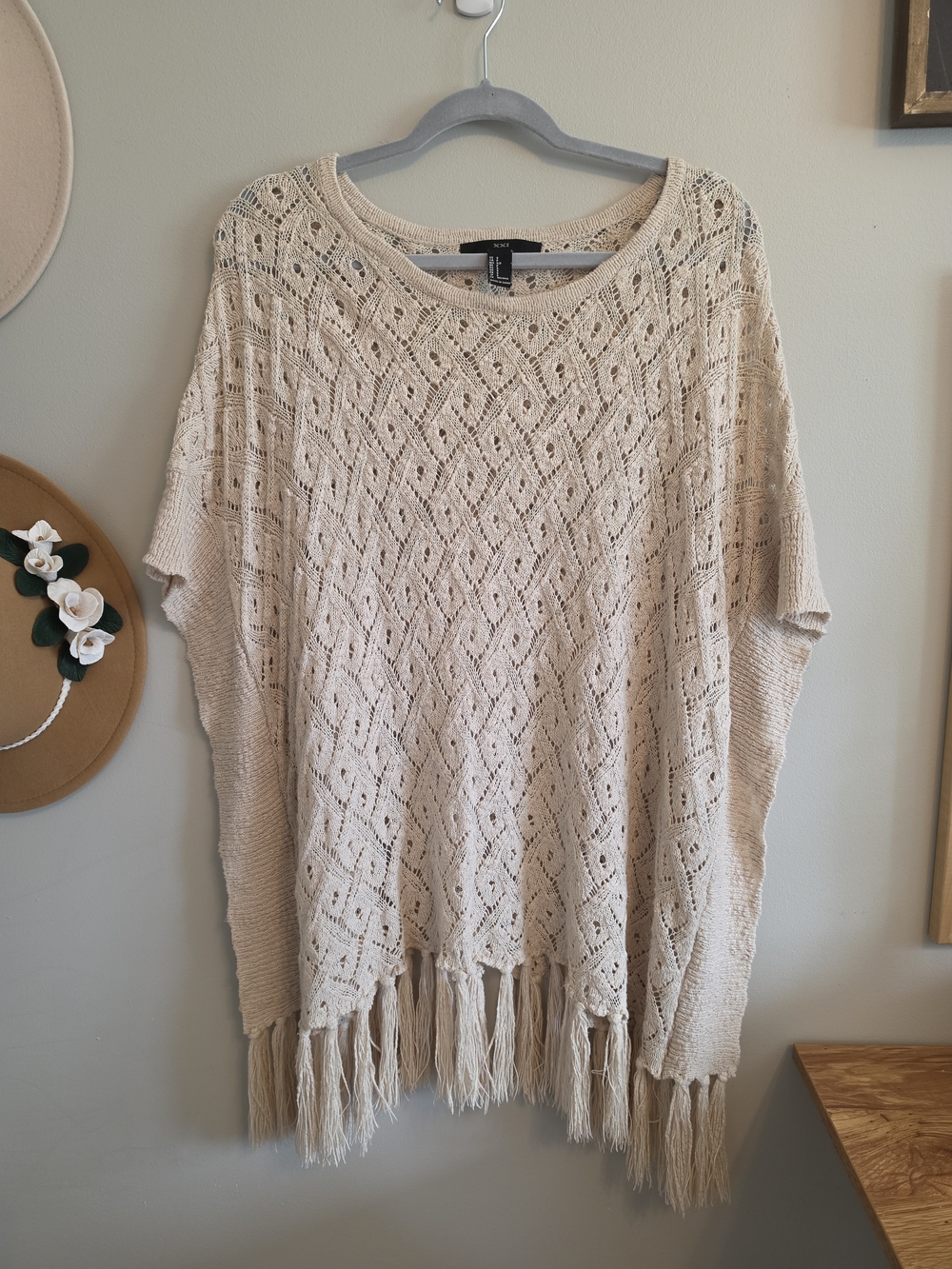 Forever 21 Beige Open-Knit Fringe Poncho